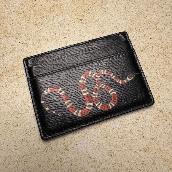 Authentic Gucci Kingsnake Print Leather Card Holder Black Red - Picture 8 of 8